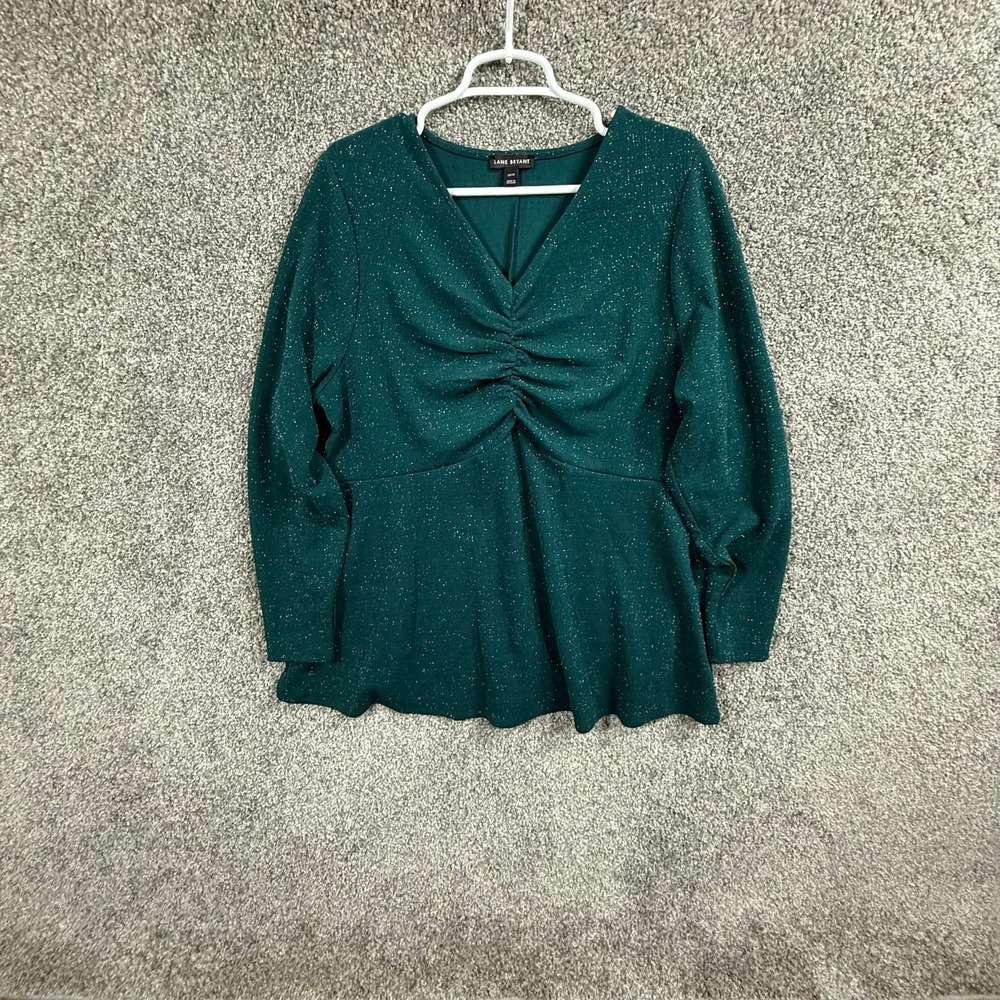 Lane Bryant Womens 18/20 Green Metallic Shimmer Ruched V-Neck Peplum Top